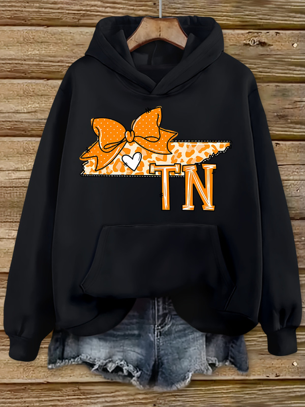 Tennessee Tn Logo Hoodie with Leopard Print Bow and State Map Outline - Soft Polyester Fiber Tennessee Tn Logo Hoodie with Leopard Print Bow and State Map Outline - Soft Polyester Fiber