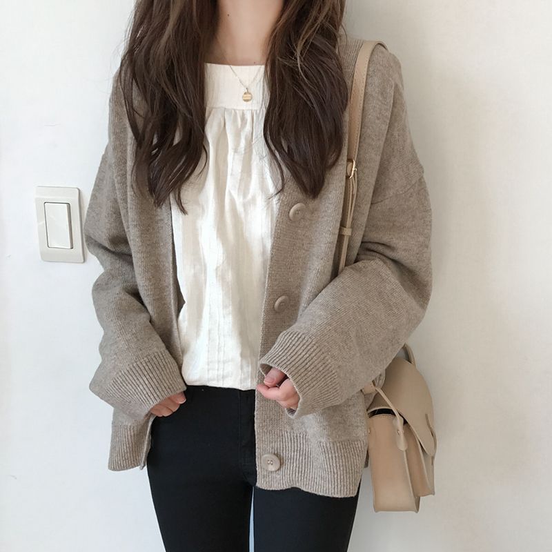 网红慵懒风外套女毛衣女开衫潮学院风秋冬新款韩版宽松v领针织衫|undefined