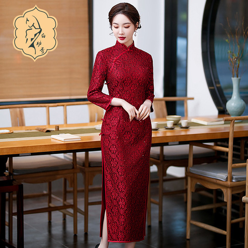 Retro Chinese Dress oriental old shanghai Qipao bride qipao dress lace improved cheongsam red long gown open fork