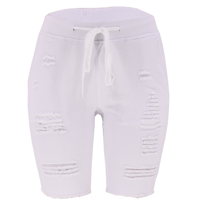 Shorts de Mezclilla Azul de Lavado Medio, Elásticos, de Cintura Media, Rotos, Estilo Europeo y Americano, Primavera 2025