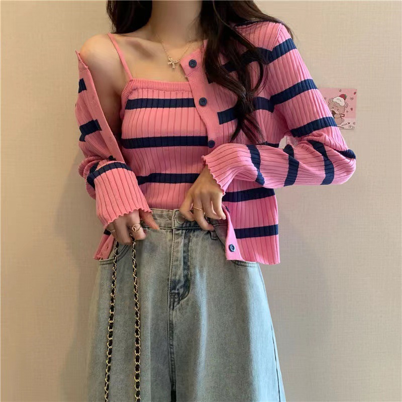 81g Weight Long Sleeve Sleeve Length Single Breasted Placket Type Ice Silk, Polyester Fabric Type Short Top Length Knitwear Tops Type Daily Occasion Round Neck Neckline Slim Fit Type Stripe Pattern Spring, Autumn Season Women's Gender Casual Style Wholesale Women's Ice Silk Polyester Casual Stripe Long Sleeve Sweaters & Cardigans 19