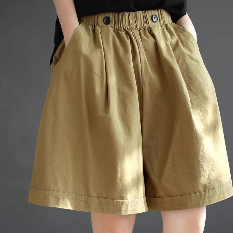 Pure Cotton Six-Color Shorts Women's Large Size Loose Summer Retro Solid Color Wide-Leg Cargo Pants Elastic Waist Versatile Five-Quarter Pants