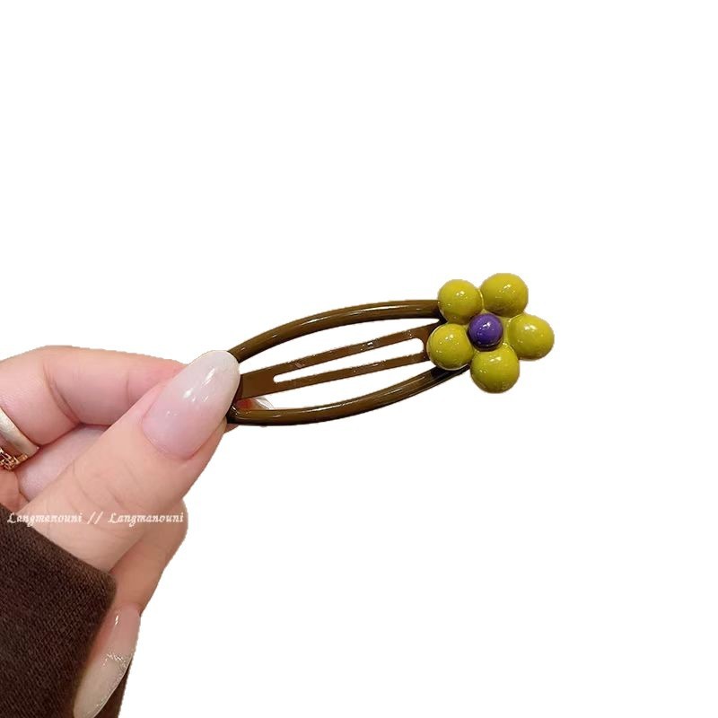 蓝黄金属花朵发夹鸭嘴夹高级感一字夹碎发刘海夹前额发卡边夹发饰|undefined