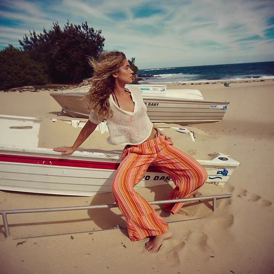 2026 Europa y los Estados Unidos transfronterizos MONA rayas pantalones de piernas anchas para mujeres primavera y otoño nuevos pantalones casuales de cintura alta y delgados para mujeres image 5