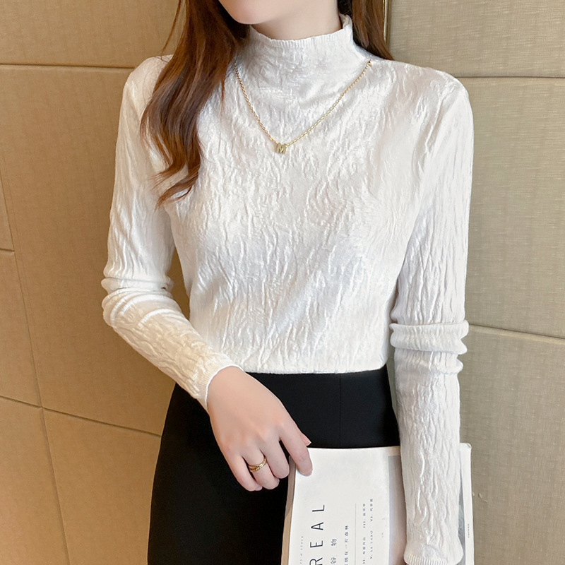 Blanco medio cuello alto suéter de las mujeres Camiseta de manga larga 2022 otoño e invierno nuevo suéter delgado superior