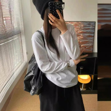 极简OS风圆领基础款长袖白T恤女clean fit宽松舒适新疆棉文化衫