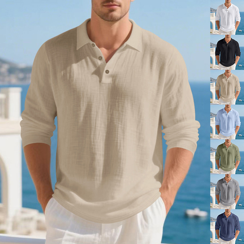 2025 Cross-Border Amazon Summer New Style American-Style Loose-Fitting Solid Color Lapel Casual Business Men's Long-Sleeved Polo Shirt