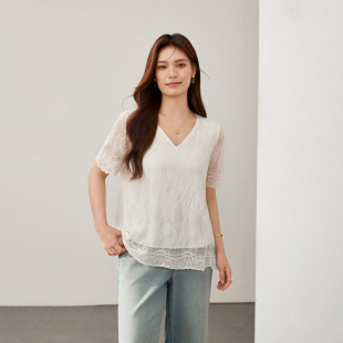 [Light and Mature Style Lace Elegant V Neck Versatile Chiffon Shirt] Slim and Beautiful Plus Size Women's Clothing Fat mm 2025 Summer New Style