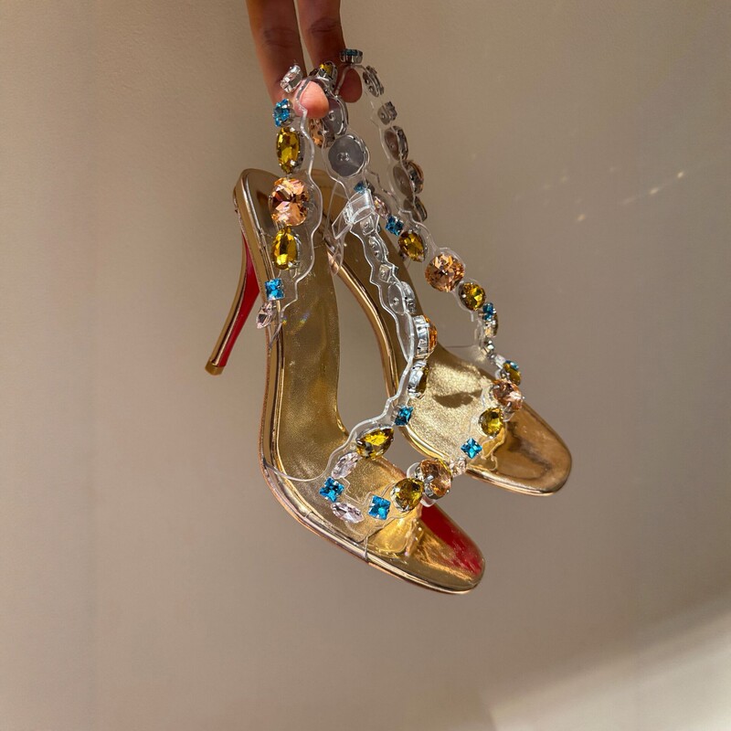 Transparent PVC colorful gemstone strap high-heeled sandals for women, thin heel, open toe, summer fashion, red sole women's shoes