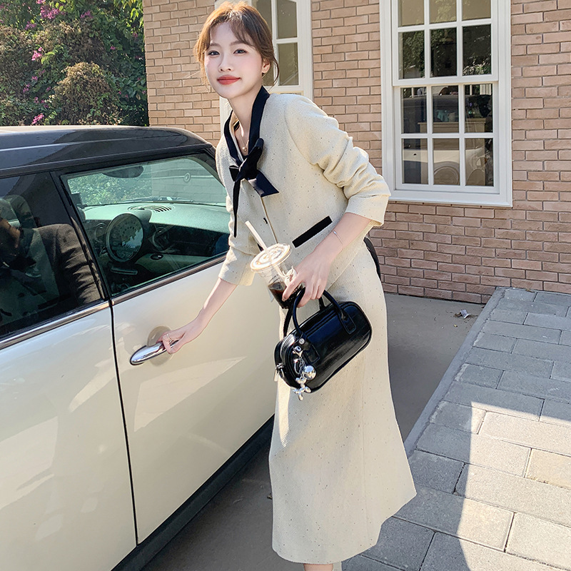 实拍米白色蝴蝶结小香风套装裙女2025春季法式高级感半身裙两件套|undefined