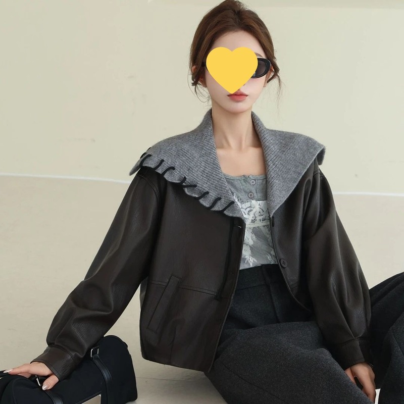 早秋新款设计感海军领皮衣夹克女小个子休闲显瘦短款外套黑色氨纶|undefined