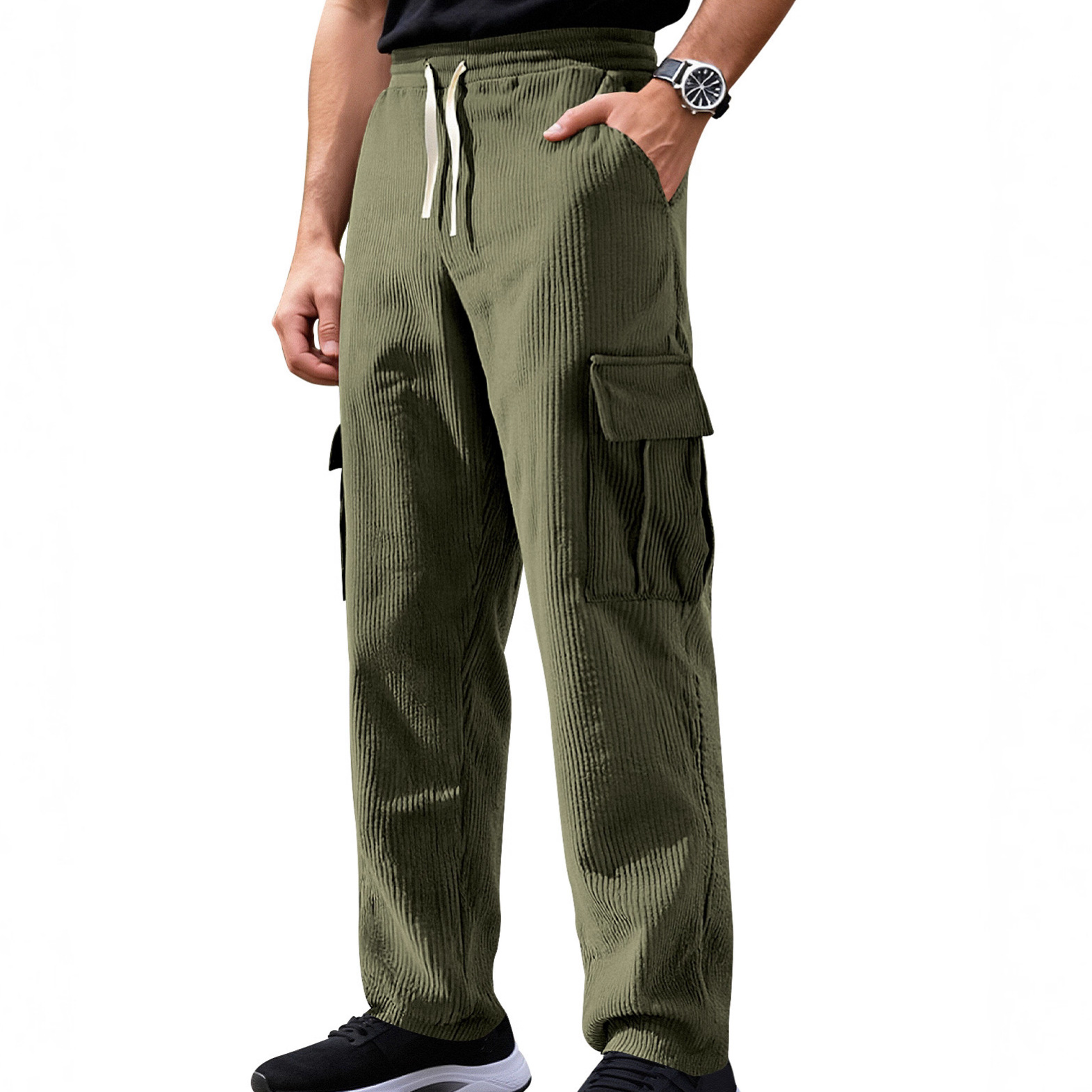 Monochrome Herren-Sommer-Arbeitshose im amerikanischen Retro-Stil, lässige Sporthose, lockere, gerade Cordhose mit weitem Bein_voghion.com