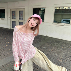设计感美式潮牌慵懒风条纹一字肩长袖T恤女薄款罩衫防晒宽松上衣
