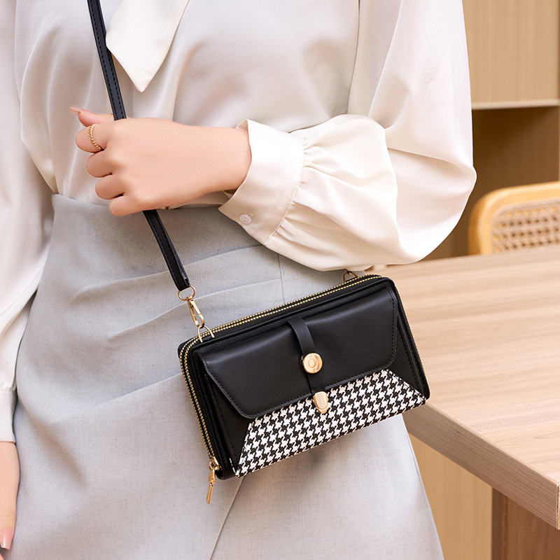 Cross-border New Mobile Phone Bag Women's Shoulder Crossbody High-end Niche Houndstooth Bag Large Capacity Double Zipper Wallet