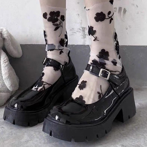 Japanese-style JK black lace short socks for women rose embroidery glass silk transparent lace short mid-calf summer ultra-thin style 