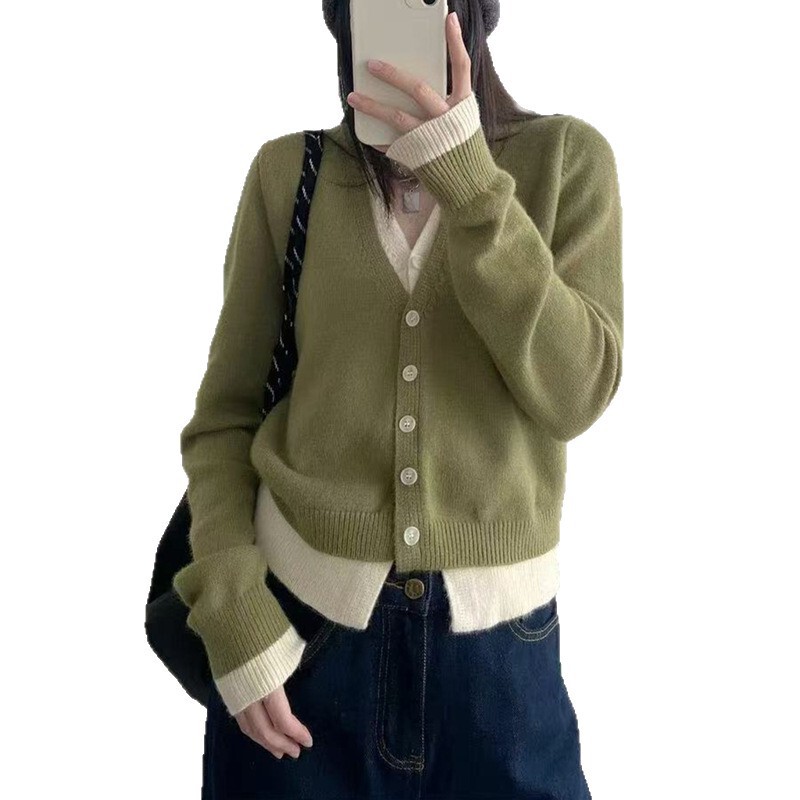 V领撞色假两件针织衫外套女2025秋冬新款韩系慵懒风针织衫上衣女|undefined