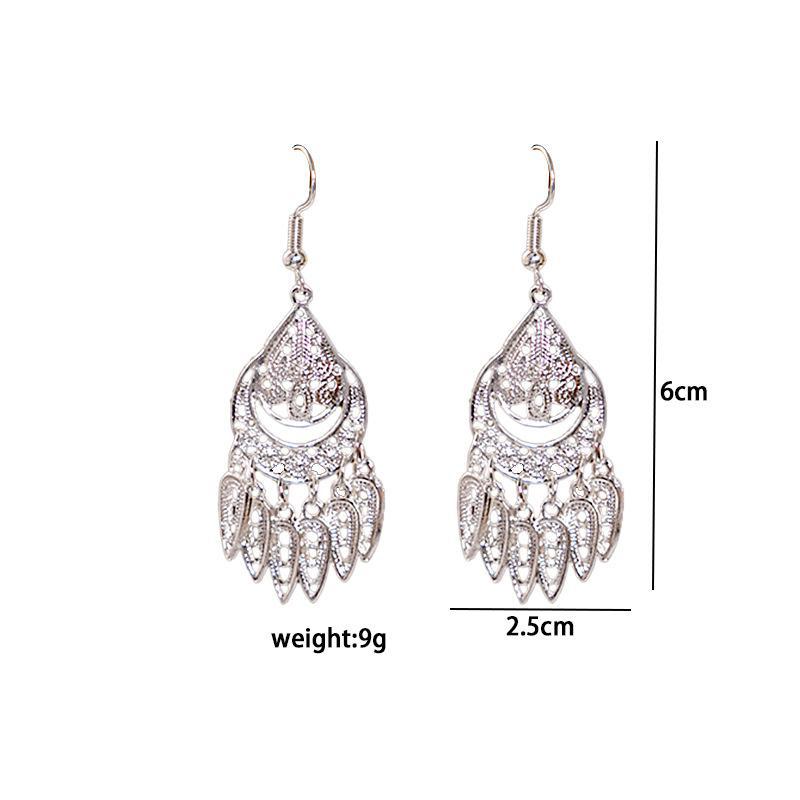 1 Pair Retro Leaf Sector Tassel Plating Hollow Out Inlay Alloy Turquoise Drop Earrings display picture 4