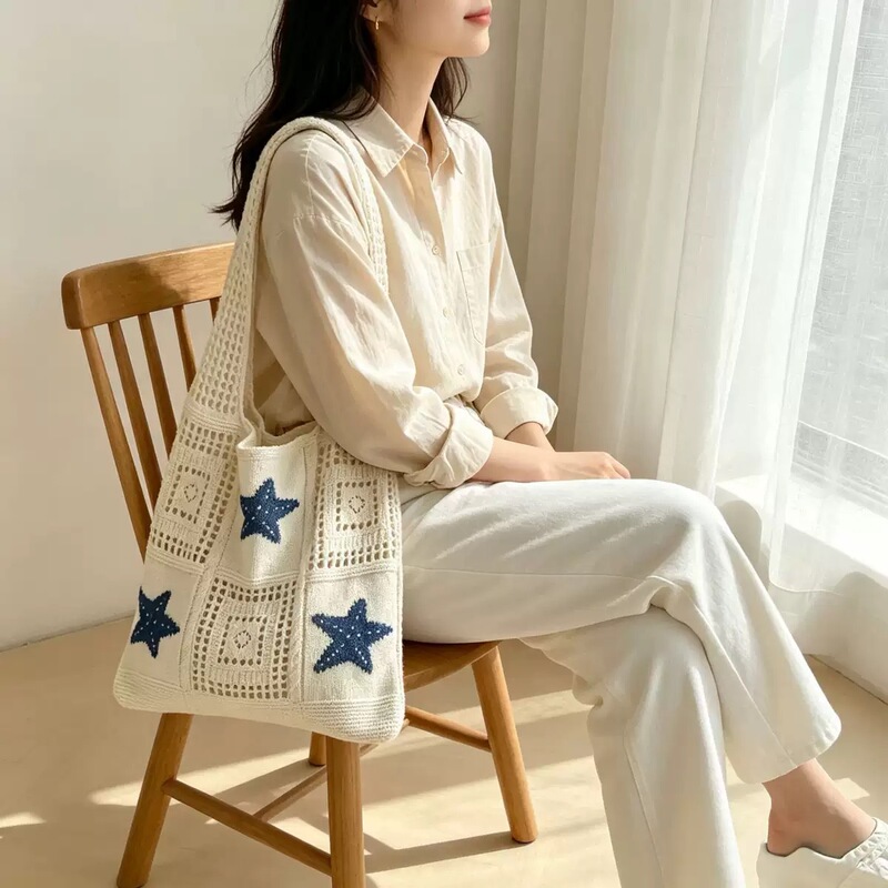 New Cross-Border Shein Knitted Bag with Vintage Hollow-Out Turtle Design, Niche Design, Large Capacity Travel Shoulder Bag