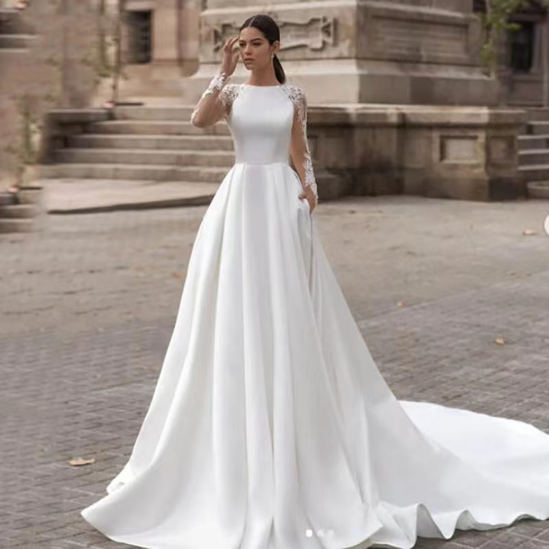 Cross-border Shoulder Bag Long-sleeved Wedding Dress Mori Satin New Bride Simple Long-sleeved Slim-fit Perspective Travel Tail Soft Yarn