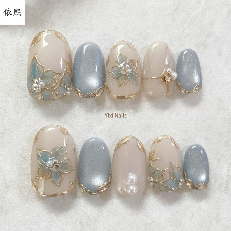 European and American blue gold-plated glass bead cat-eye press-on nails, translucent almond shape, cross-border foreign trade, new Chinese-style nail patches European and American blue gold-plated glass bead cat-eye press-on nails, translucent almond shape, cross-border foreign trade, new Chinese-style nail patches