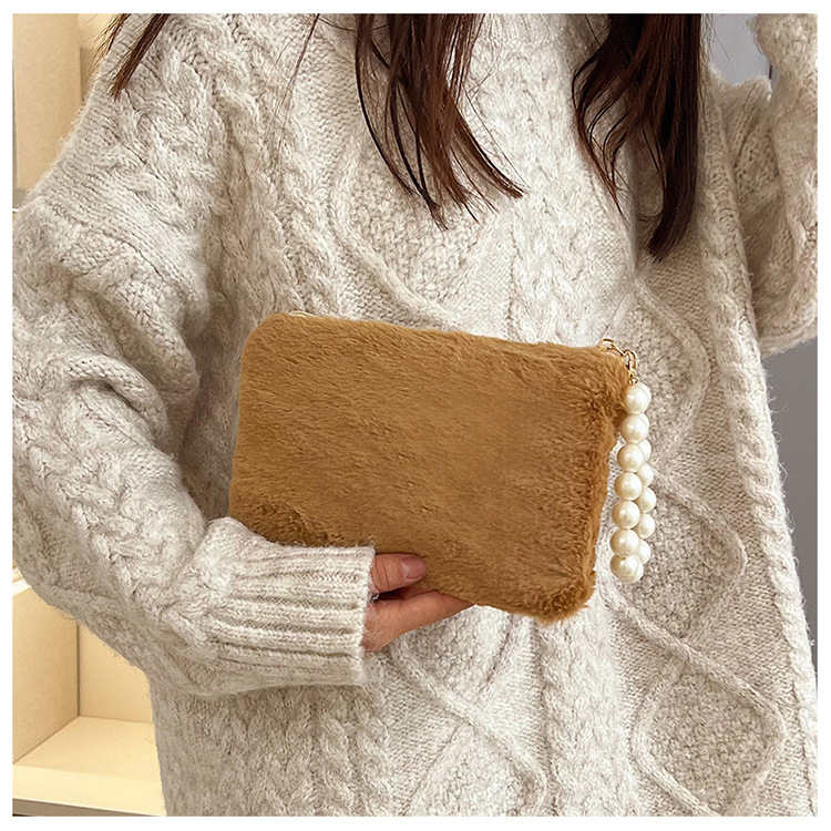 135g Weight Synthetic Leather Lining Material Pearls, Sewing Thread Fashion Element Zipper Closure Type Top Handle Strap Type Handbag Bags Type Casual, Shopping Occasion Plush Material Solid Color Pattern Winter Season Women's Gender Elegant Style Square Shape Women's Plush Solid Color Elegant Pearls Sewing Thread Square Zipper Handbag 3