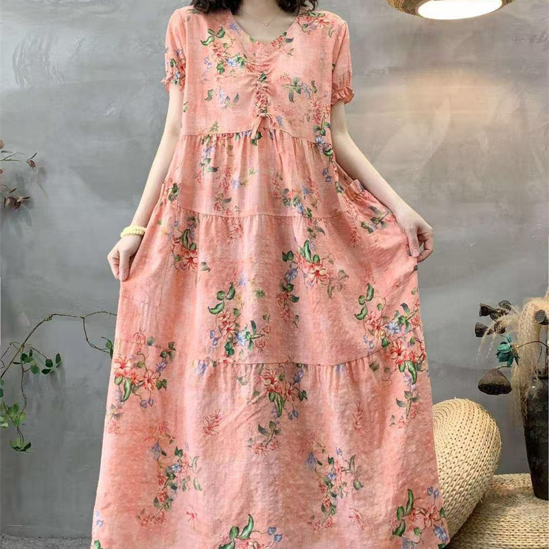 2025 Summer Thin Cotton Blend Digital Printing Short-sleeved Robe Floral Cake Skirt Artistic Women's Layered dress