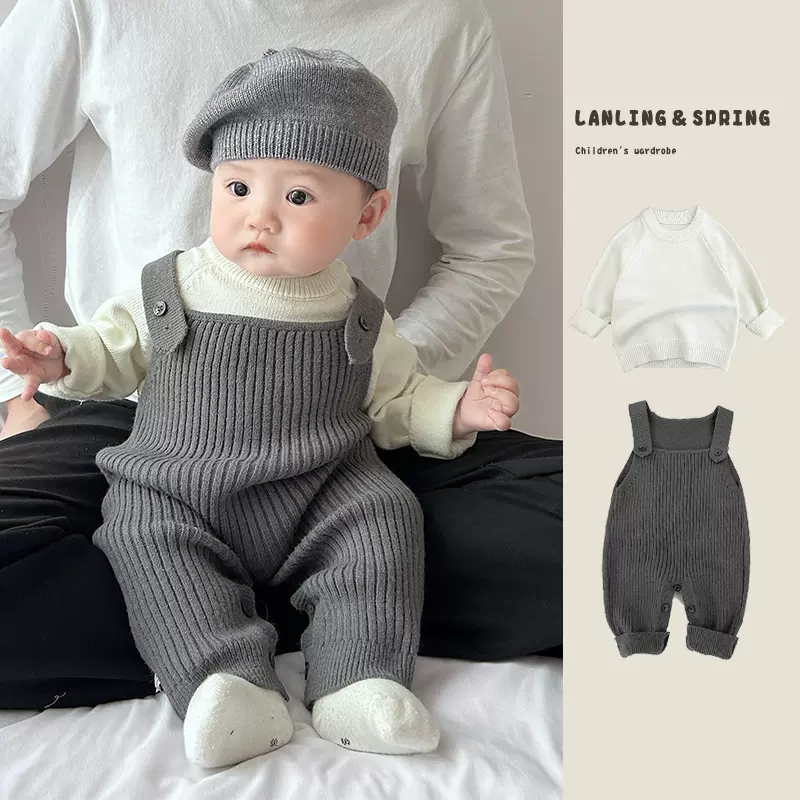 新生儿连体衣春季洋气男女童针织背带裤秋季宝宝休闲包屁哈衣爬服