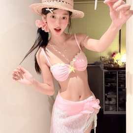 新款欧美跨境分体比基尼女海星花朵性感系带夏季度假泳衣四件套