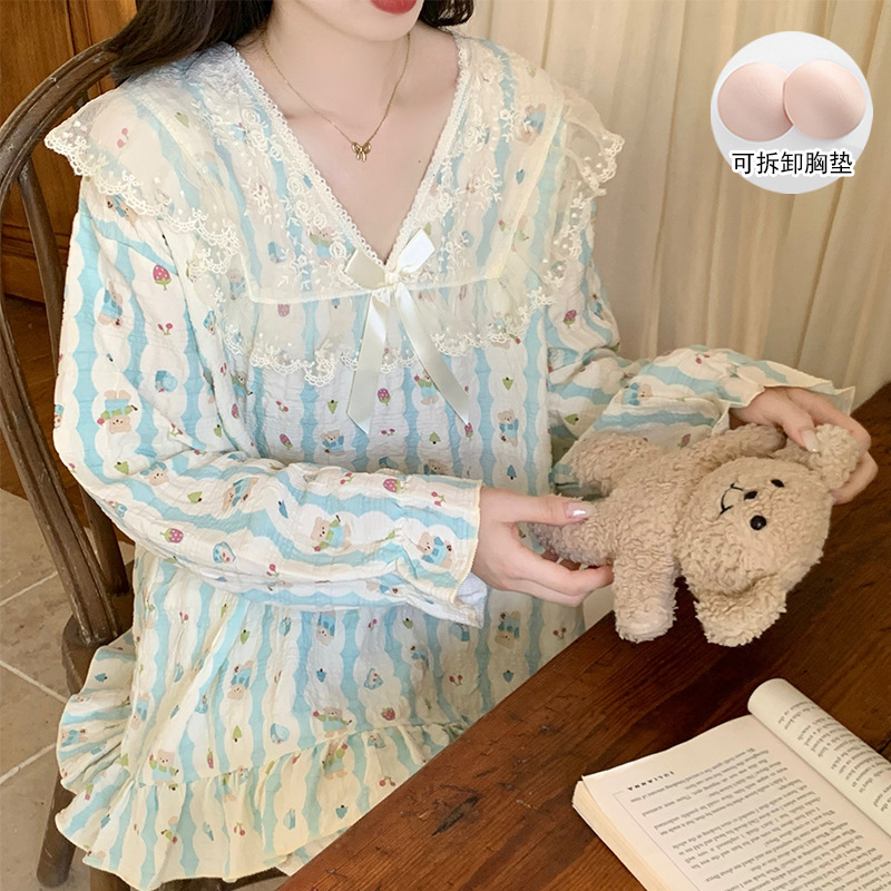 云朵棉睡衣女春秋季新款带胸垫花边长袖长裤公主风卡通家居服套装|undefined