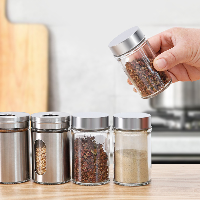 Precio de fábrica suministros de cocina condimento tarro condimento botella caja de almacenamiento combinación condimento botella traje vidrio condimento botella sal tarro