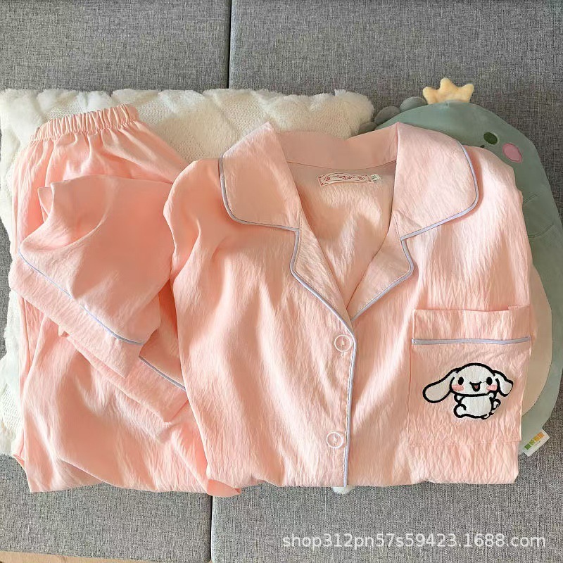 雲の綿のパジャマの女性のシンプルで甘いネットの赤い長袖のカーディガンの少女のカジュアルな薄いタイプの家庭服の2つのセット|undefined