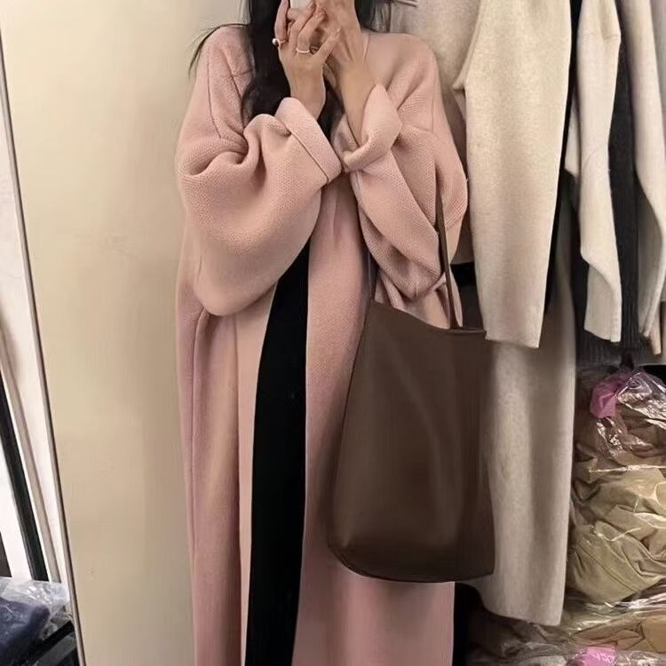 高级显瘦针织开衫毛衣女中长款秋冬纯色慵懒过膝宽松大衣大版外套|undefined