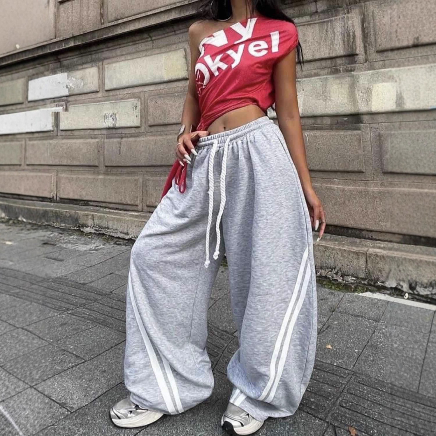Comercio exterior transfronterizo calles rayas gris pantalones deportivos elásticos cintura casual suelta cintura alta piernas largas pantalones de trapaza image 4