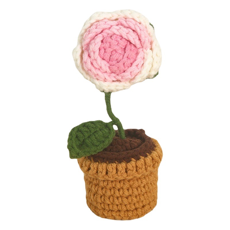 Tejido a mano DIY Rosa girasol maceta ramo de lana de ganchillo acabado hecho en casa decoración del coche regalo