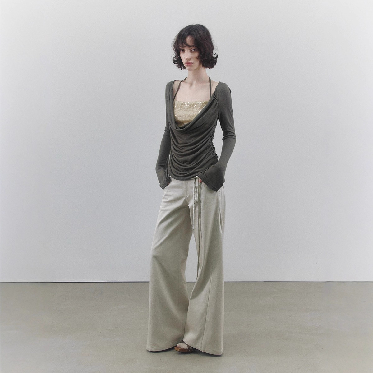 Mottoless Sequin Tube Top with Contrasting Color Tencel Wool Knitted Deep Swing Collar Pleated Halter Fake Two-Piece Top for Women