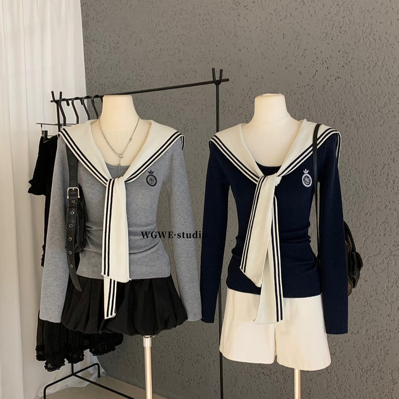Clearance Sale, No Returns or Exchanges, Women's Korean-Style Gentle and Stylish Versatile Slim-Fit Navy Collar Short Long-Sleeve Knit Top W786 Clearance Sale, No Returns or Exchanges, Women's Korean-Style Gentle and Stylish Versatile Slim-Fit Navy Collar Short Long-Sleeve Knit Top W786