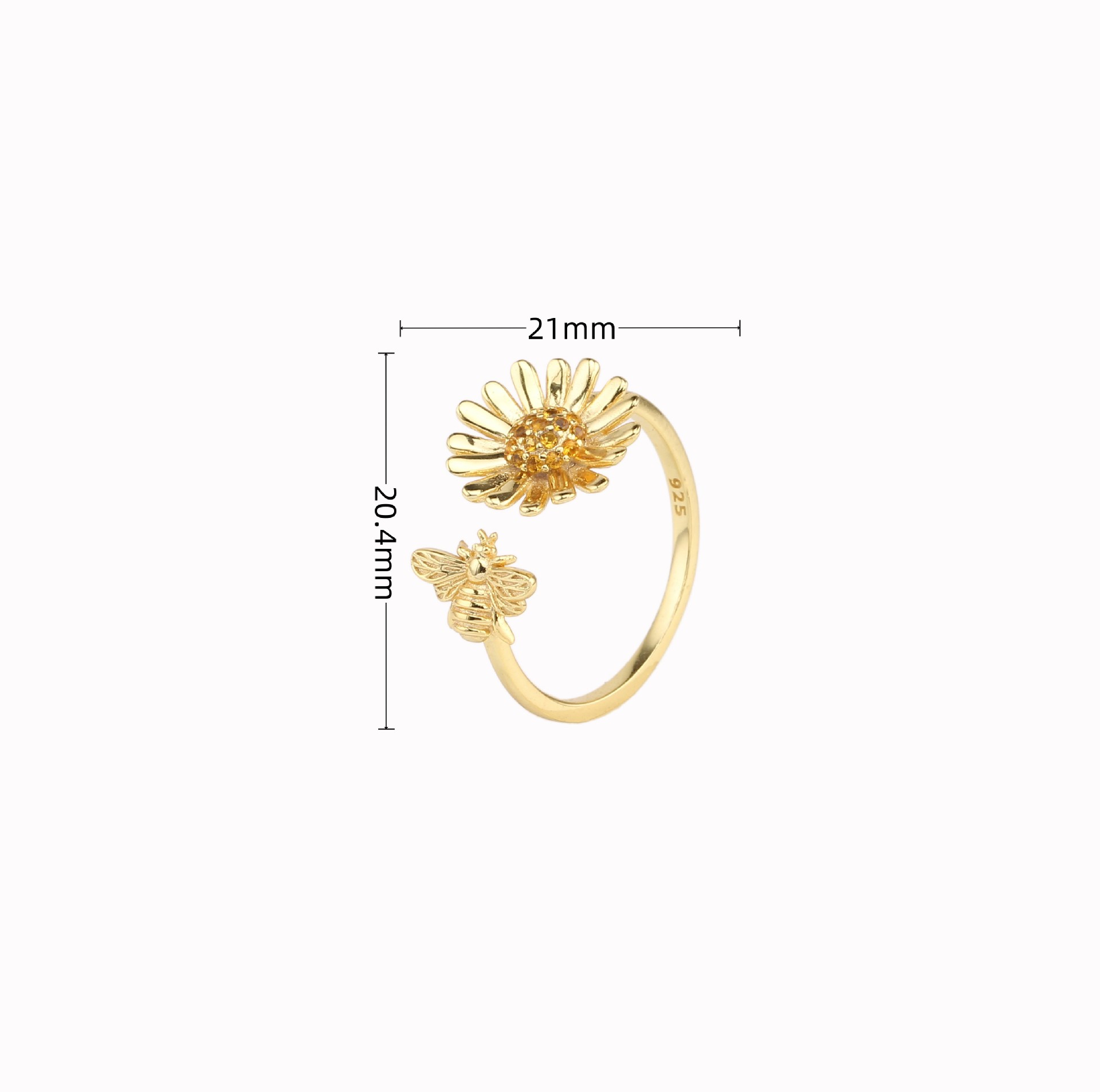 Wholesale Pastoral Artistic Sunflower Bee Sterling Silver White Gold Plated Gold Plated Zircon Open Ring display picture 1