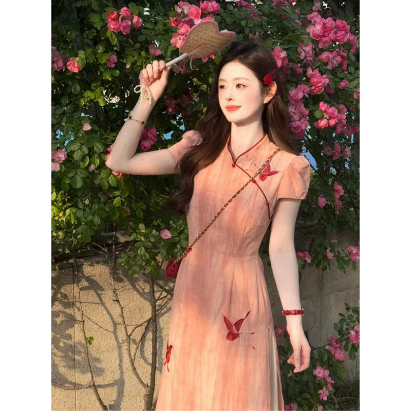 Новое китайское платье в национальном стиле, улучшенный чонсам, женская одежда 2025, новый летний стиль, красивая юбка с завышенной талией