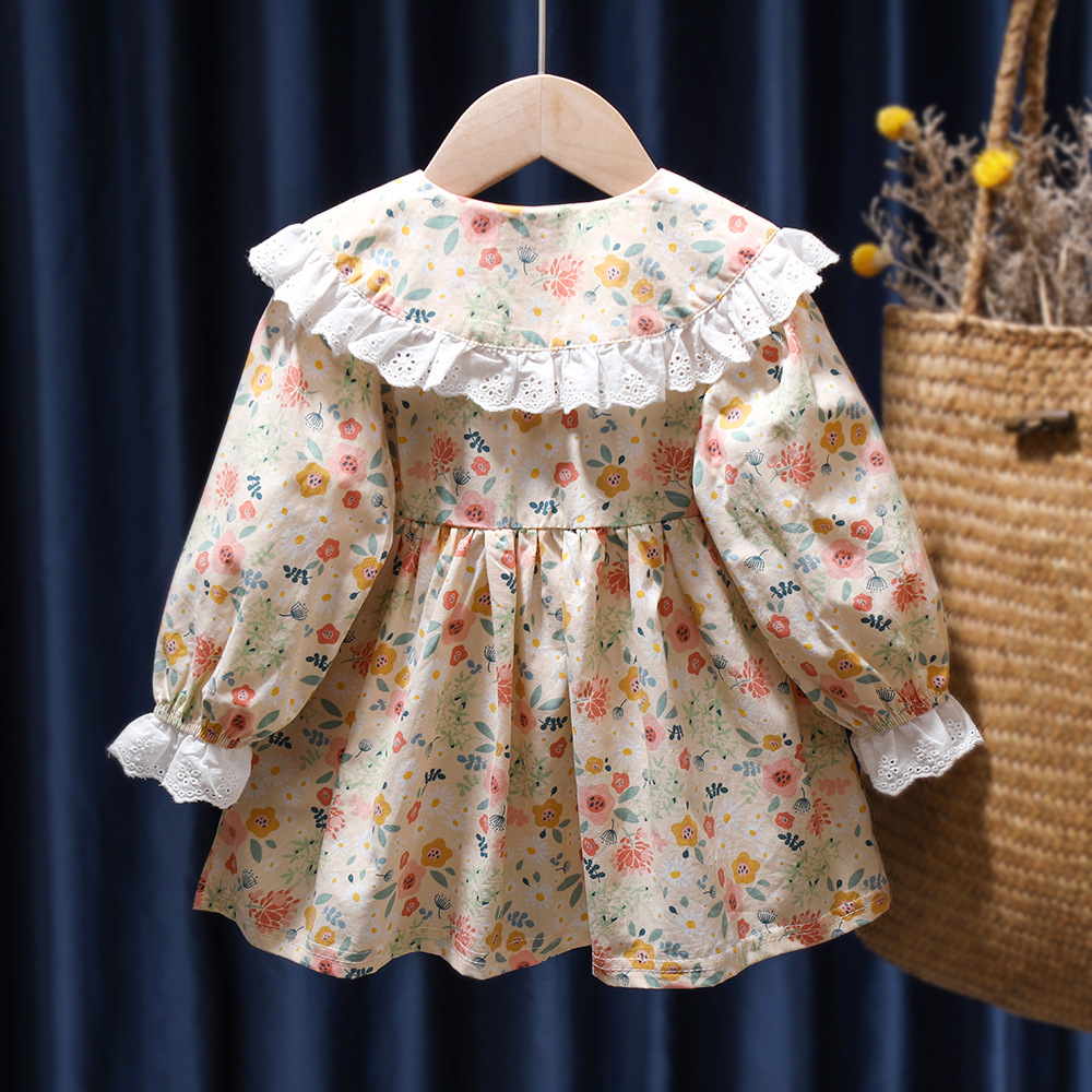 A-Line Skirt Dresses Type Puff Sleeve Sleeve Type Fashion Flower Printing Cotton Girls Dresses