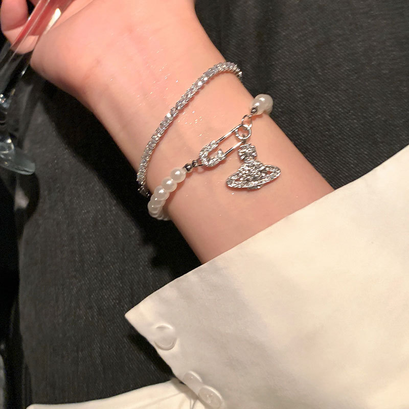 Sparkling Diamond Saturn Pearl Bracelet Women's Light Luxury Niche Exquisite Zircon Bracelet High-End Full Diamond Planet Bracelet