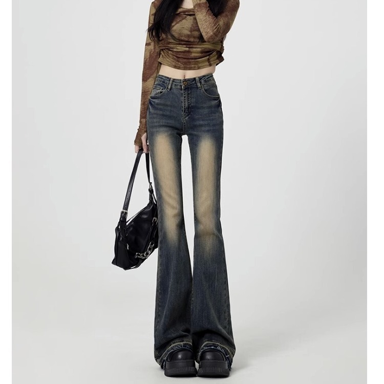 Vintage Washed High-Waisted Flared Jeans for Women, 2026 New Autumn American Style with Frayed Design, Bell-Bottom Pants Vintage Washed High-Waisted Flared Jeans for Women, 2026 New Autumn American Style with Frayed Design, Bell-Bottom Pants