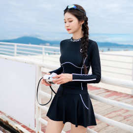 少女修身显瘦高领防晒长袖浮潜冲浪潜水服 连体裙款游泳衣女泳装