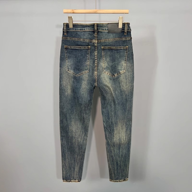 Autumn And Summer New Korean-style Handsome Small-footed Jeans, Slim-fitting, Comfortable, Elastic, Washed And Old-fashioned Nine-point Pants_mkmklike.com
