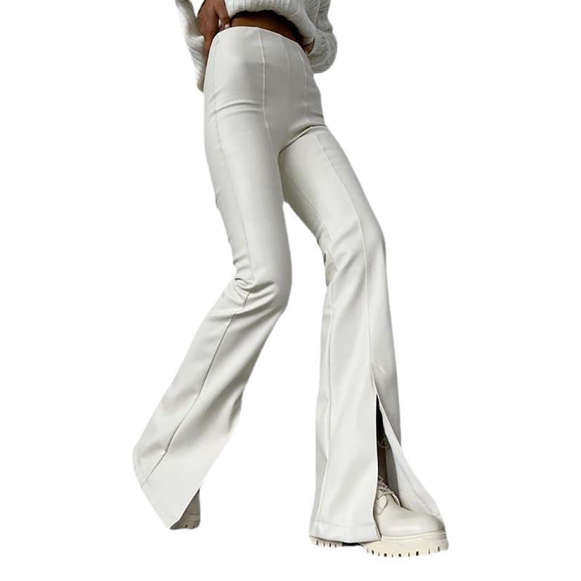 Pantalones de cuero acampanados ajustados y sexys con parches blancos de cuero PU, nueva colección otoño/invierno 2025 europea y americana para mujer, agente mayorista.