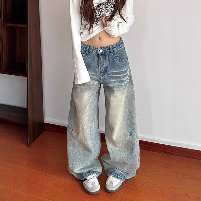 Jeans de mezclilla de estilo urbano para mujer, corte relajado, pierna ancha, largo hasta el suelo, diseño de rayas desgastadas, primavera y otoño._voghion.com