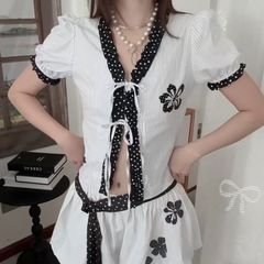 日系甜美复古着vintage开衫短袖古早味y2k千禧少女波点条纹上衣t