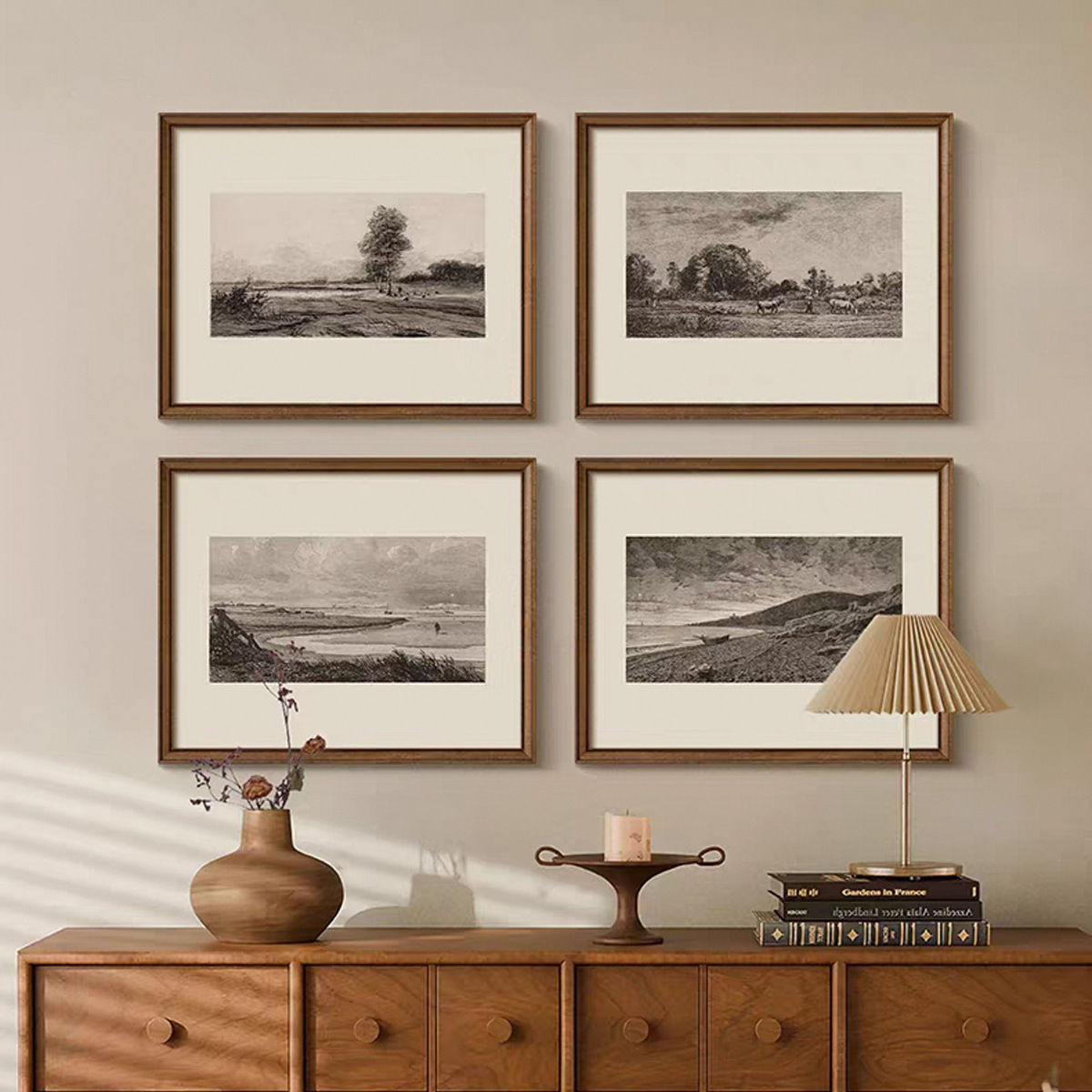 Mountain and Wild》Retro Black and White Sketch Landscape Painting French Mid-Century Style Living Room Decoration Painting Entrance Corridor Study Hanging Painting