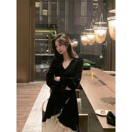 春秋新款高级半婚纱拼接赫本显瘦黑色亮片气质蕾丝丝绒连衣裙长裙
