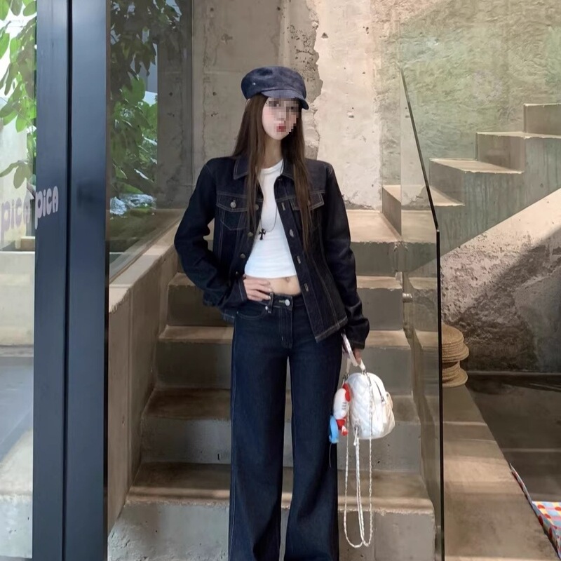 Stunning Denim Suit with a High-End Feel, Turn-Down Collar Long-Sleeve Shirt for Women, Autumn Vintage Straight-Leg Jeans, Foreign Trade Dropshipping