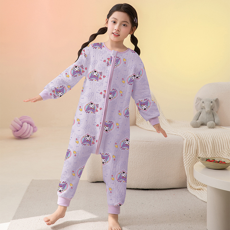Kuromi Sleeping Bag Kidsren's Autumn and Winter Warm Quilted Pajamas Three-Layer Thickeneded Air Cotton Girls' Anti-Cold Jumpsuit